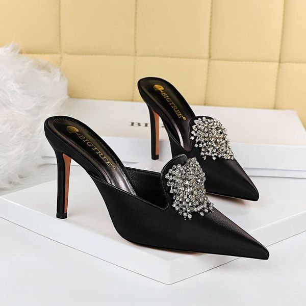 

sandals 2021 summer luxury women glitter crystal blue high heels female rhinestone closed toe silk wedding party shoes, Black