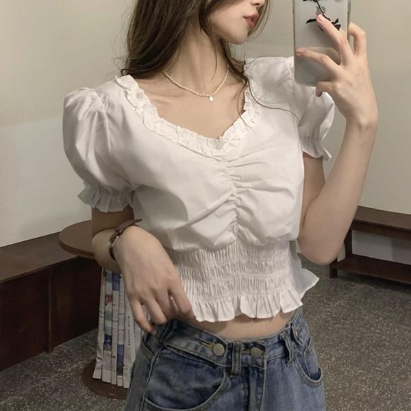 

women's blouses & shirts ruffe summer elegant short blouse kawaii white korean puff sleeve cropped shirt sweet v neck japanese
