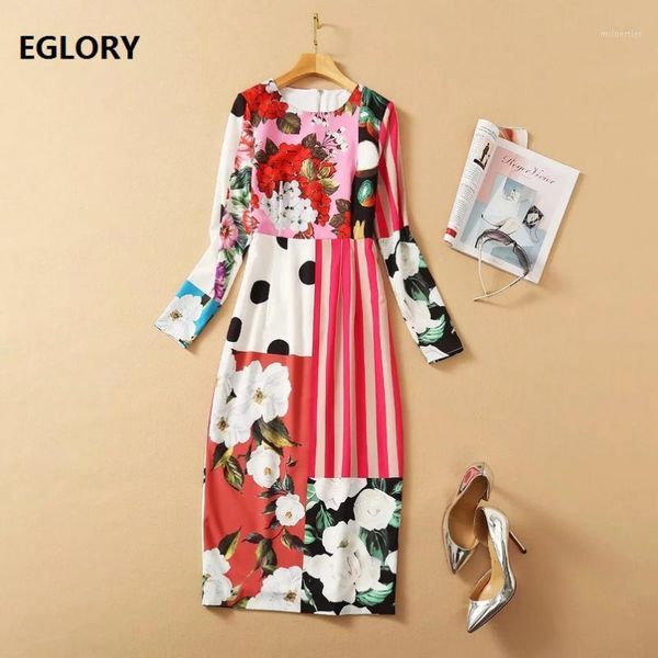 

est fashion women's dress 2021 spring ladies floral polka dot print long sleeve back split midi pencil female clothing casual dresses, Black;gray