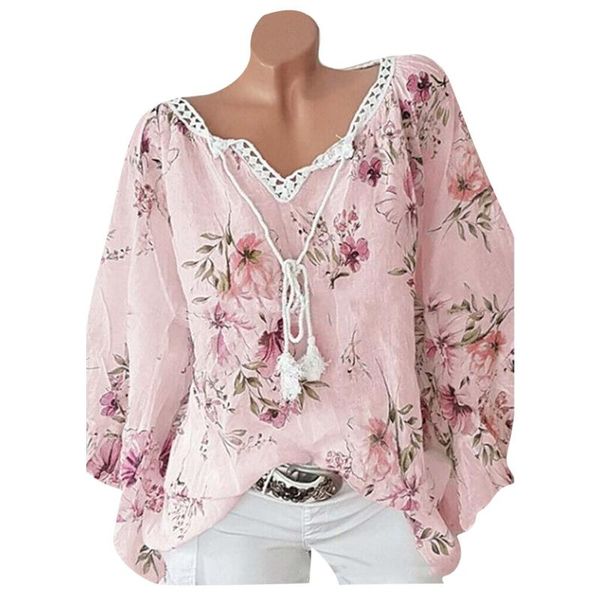 

women's blouses & shirts flowers print lace shirt womens v-neck tank long sleeve workout casual loose chiffon chemises femme blouse, White