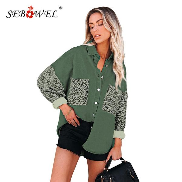 

women's jackets sebowel casual contrast leopard long sleeve plus size denim jacket female loose pocket button turn-down collar coat, Black;brown