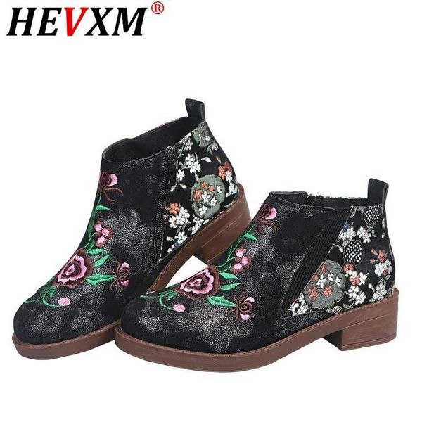 

boots 2021 vintage embroidery flower ankle women shoes woman genuine leather splicing zipper casual botas mujer, Black