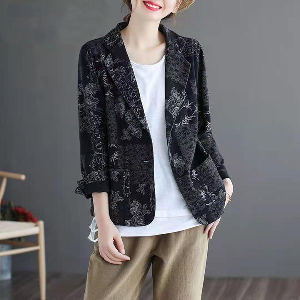 

women's jackets arrival spring/autumn arts style women loose casual long sleeve blazer vintga print single breasted cotton coat w1, Black;brown