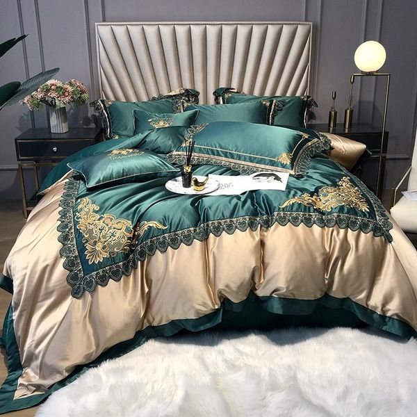 

bedding sets green/red egyptian cotton set luxury lace edge silk/cotton bed linen euro embroidery cover duvet for home