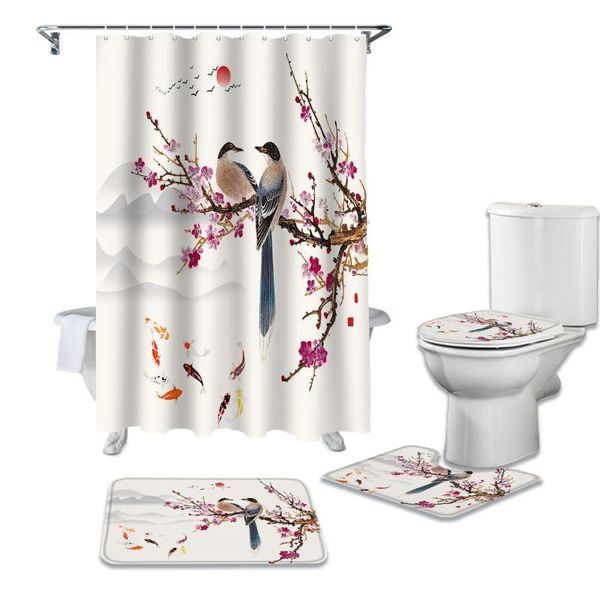 

plum blossom magpie carp waterproof shower curtains set bathroom curtain and rug sets