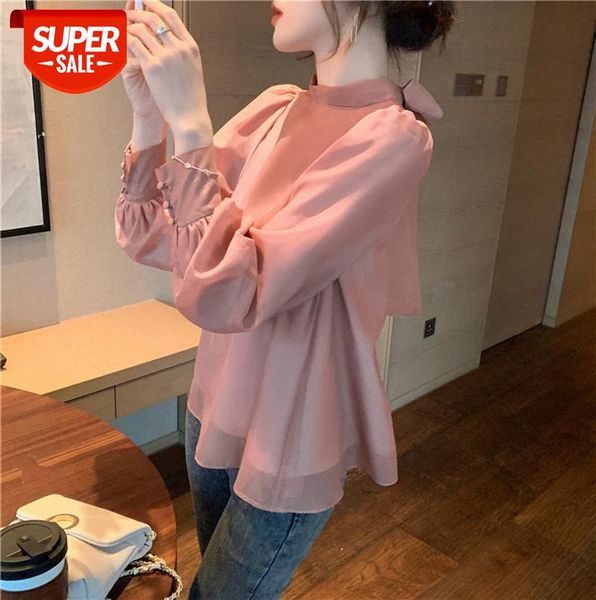 

net red sweet palace lantern puff sleeve bow shirt female fairy chiffon #yn7i, Black;gray