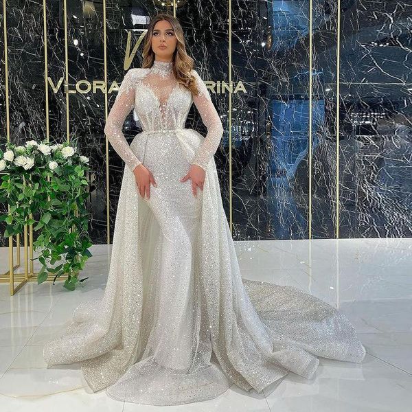 Glitter Abiti da sera Bling Paillettes Perline Collo alto Manica lunga Arabo Dubai Celebrity Gown Treno staccabile Abendkeider Prom Dress Vestido de novia