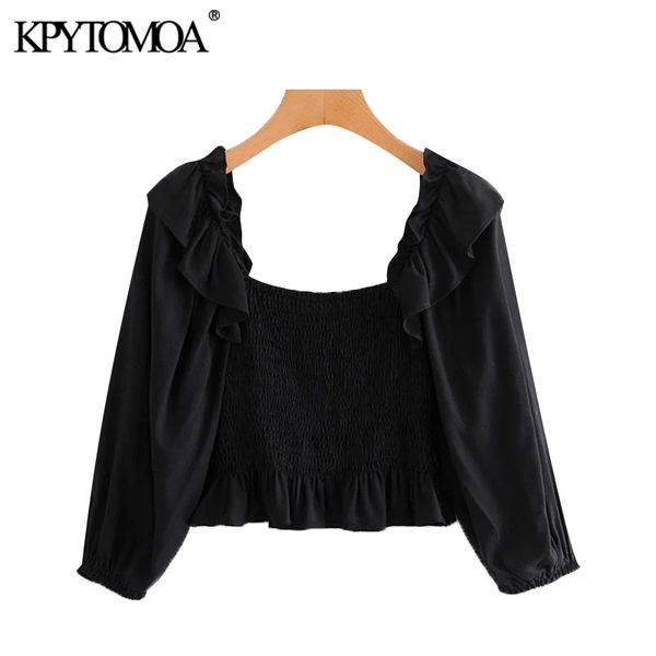 

women fashion smocked elastic cropped blouses vintage three quarter sleeve ruffled female shirts chic 210416, White