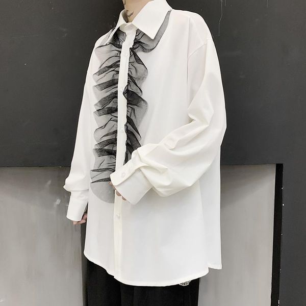 

men's casual shirts ewq / wear 2021 spring summer personality lace decoration loose long-sleeved shirt big size 9y1922, White;black