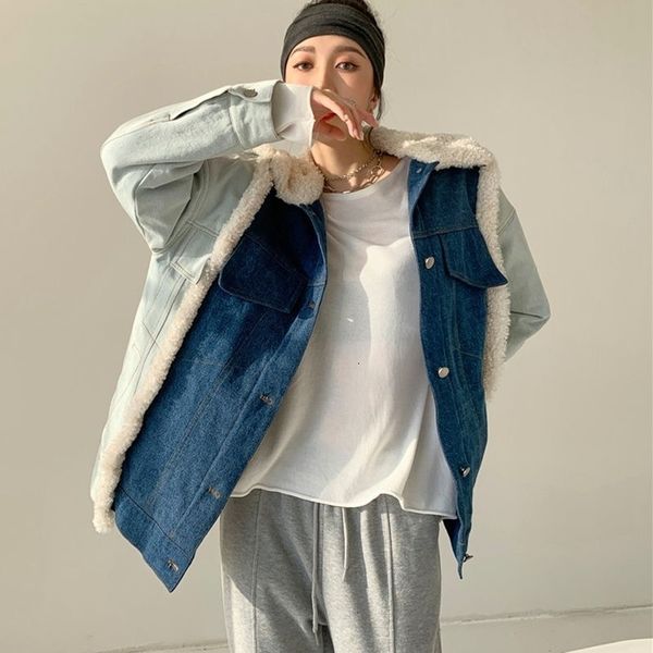 

women's wool & blends winter denim jacket with fur woman parkas patchwork quilted jean designer fleece coat warm fashion gb4f, Black