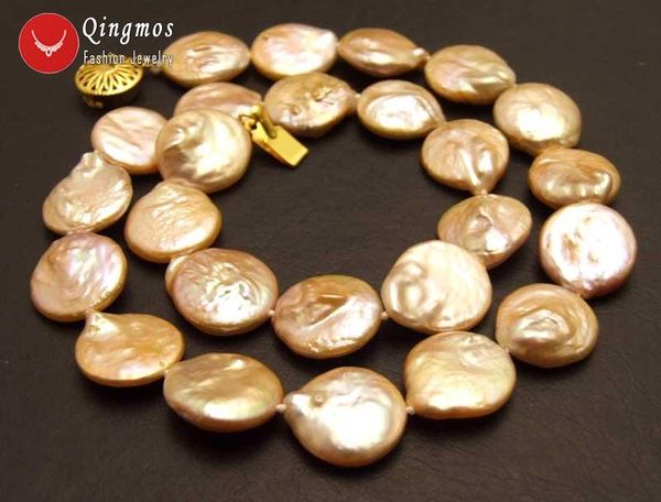 

qingmos natural pink coin round 13-14mm pearl necklace for women with 17" chokers jewelry nec6310, Golden;silver