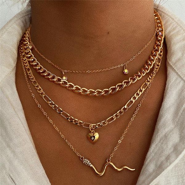 

Pendant Necklaces Punk Crystal Snake Heart Necklace For Men Women Fashion Neck Chain Jewelry Multilayer Statement Female, Silver