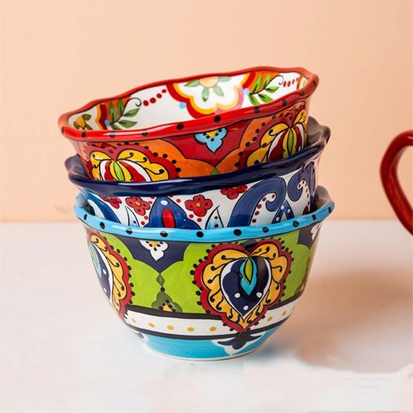 

bowls kitchen utensils porcelain hand painted ceramic bowl boho style household soup breakfast cereal with fruit salad