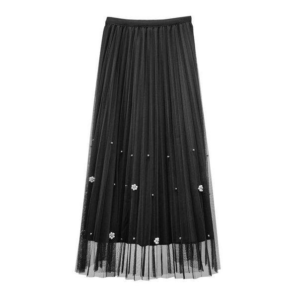 

skirts vsue women black white gray khaki skirt elastic waist midi a line beading pearl mesh solid chic s0272