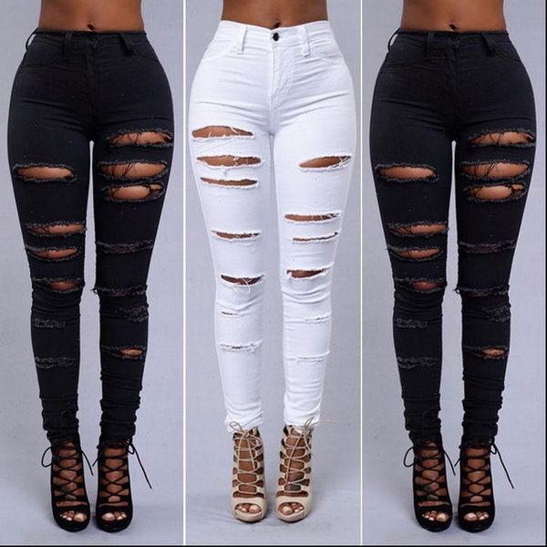 

women pant pencil stretch casual slim denim hole skinny jeans high waist pants trousers drop, Black;white