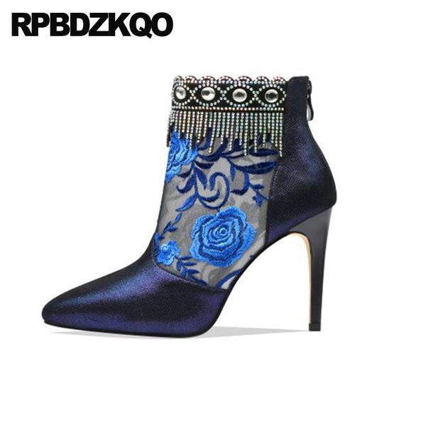 

boots stiletto embroidered booties floral print pointed toe embroidery high heel shoes women ankle flower printed, Black