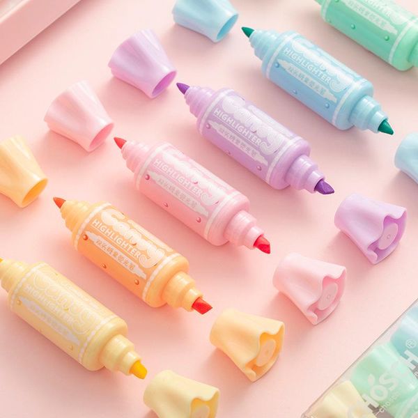 

6pcs/set cute candy color highlighter pen stationery shape double headed fluorescent marker mark school supplies highlighters, Black;red