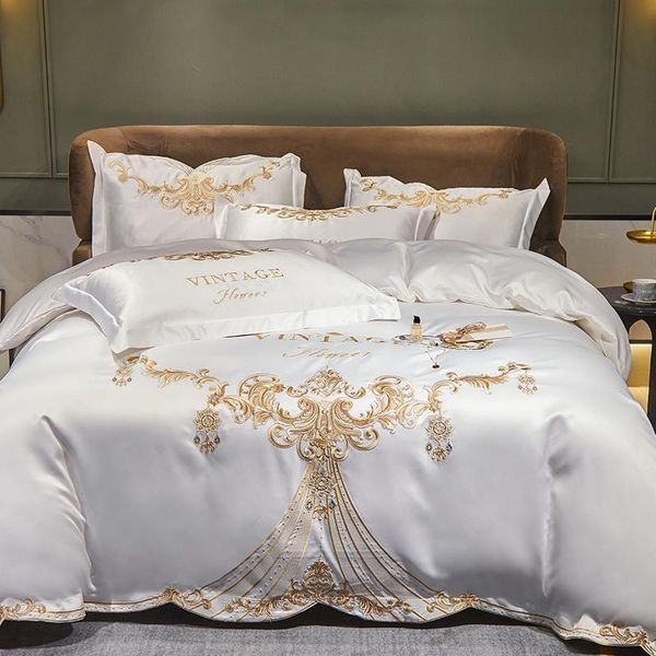

bedding sets luxury gold embroidery 4pcs set satin silk cotton duvet cover quilt bed comforter fitted sheet pillowcases