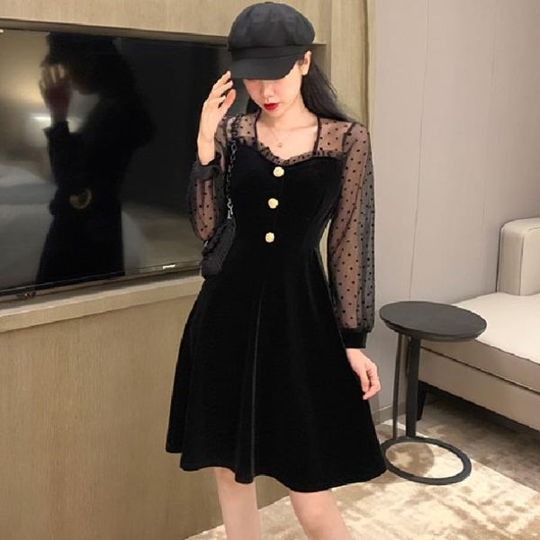 

casual dresses autumn winter black polka dot long sleeve vintage fashion brand chiffon patchwork mini-dress woman perspective vestidos, Black;gray