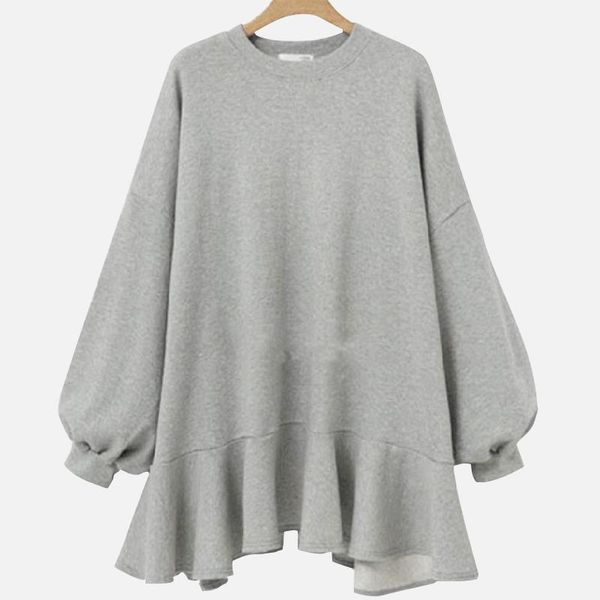 

casual dresses oversized women's sweater dress mini loose long lantern sleeve o-neck solid ruffles female tide spring streetwear, Black;gray