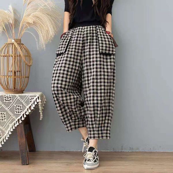

women's jeans arrival summer women loose casual elastic waist ankle-length pants big pocket plaid print cotton linen harem w329 43, Blue