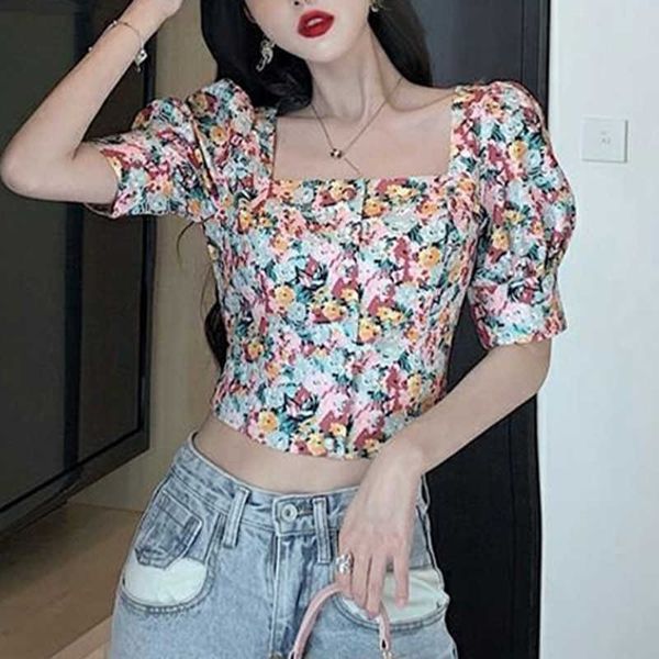

women korean vintage woman shirts summer puff slevee print floral blouse casual square collar short ladies designer 13605 210527, White