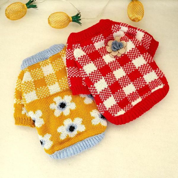 

dog apparel pet red yellow plaid sweater autumn winter small dogs warm clothes cute coat soft jacket with turmeric flower clothing