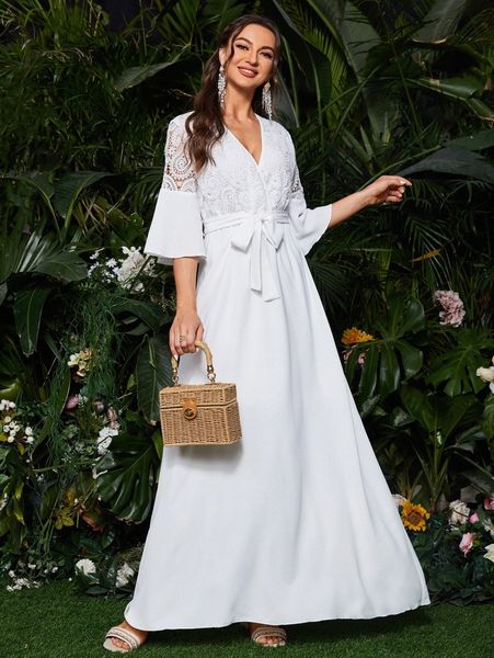 

guipure lace insert flounce sleeve belted maxi dress q3cl#, Black;gray