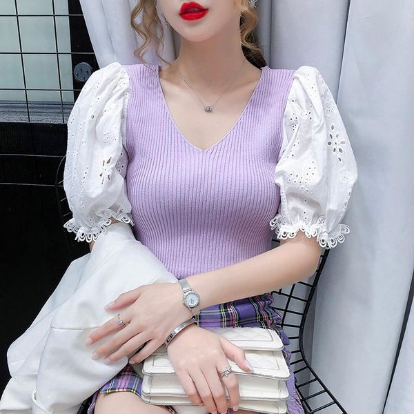 

women's blouses & shirts korean clothes vintage v-neck puff sleeve hollow out lace embroidery knitted patchwork blouse female, White