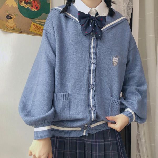 

clothing sets autumn winter korean japanese sailor collar embroidered sweater loose female student jk knitted cardigan school uniform, White