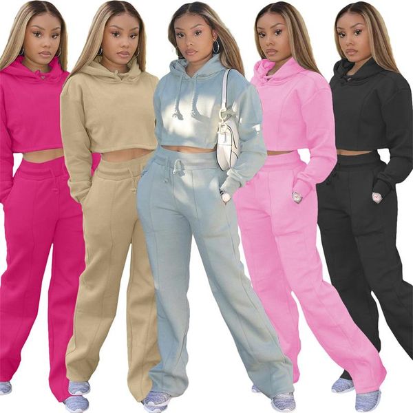 

women's two piece pants thin fleece hooded tracksuit women set autumn clothes solid hoodies sweatshirt crop long suit casual outfits, White