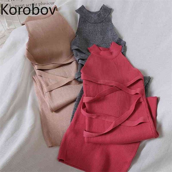 

korobov spring new chic halter women dresses korean sleeveless bandage female dress solid party night vestidos 210430, Black;gray