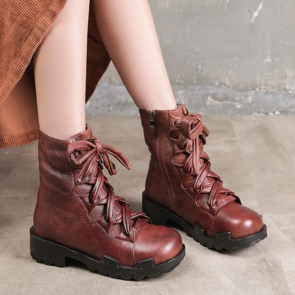 

boots 1907-1 retro hand-made lace thick heel rubbing famous women's shoes with velvet and warm pure cowhide leather nl2m, Black