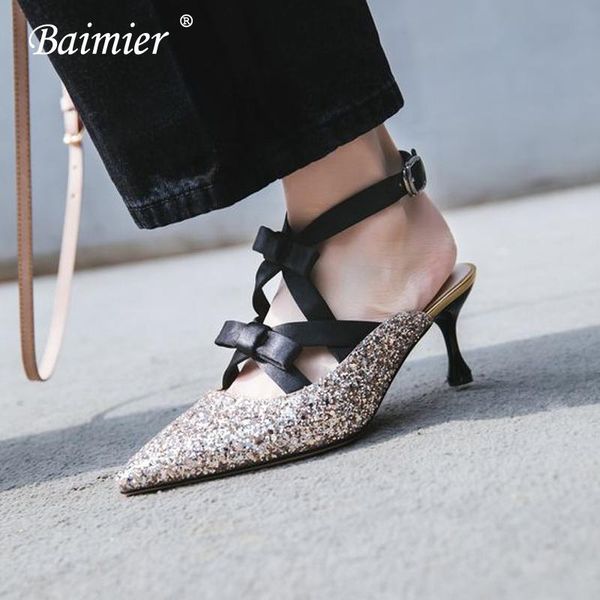 

baimier summer gold bling women wedding shoes bowtie high heels sandals ankle strap gladiator brand, Black