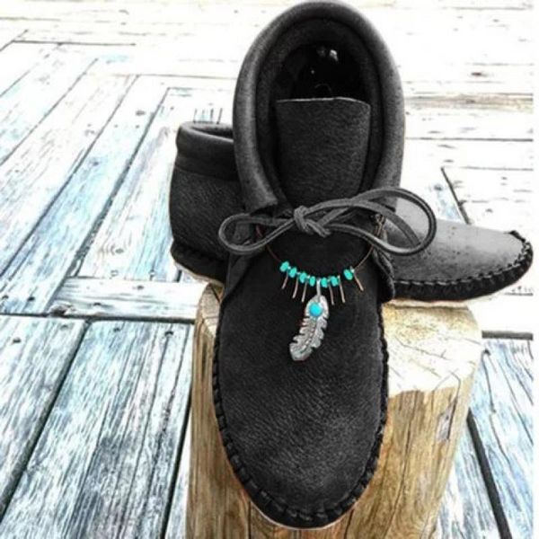 

boots winter shoes women sewing feather beads chain national wind casual solid lace-up leather string ankle 43, Black