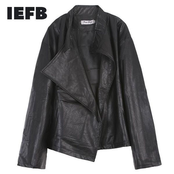 

men's fur & faux iefb /men's wear niche design loose pu leather jacket for male 2021 vintage asymmetric no button coat big pocket, Black