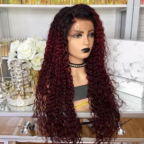 

ombre burgundy bouncy curly brazilian full lace human hair wigs with baby transparent frontal silk base wig remy 180%1, Black;brown