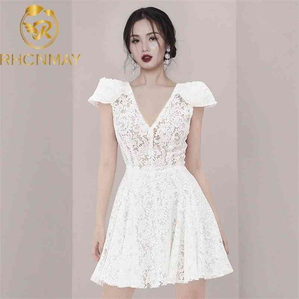 

summer fashion white lace dress women runway puff sleeve hollow out a line mini v neck praty es 210520, Black;gray