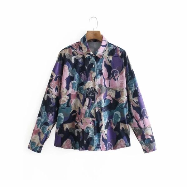 

summer women graffiti printing long sleeve shirt female turndown collar blouse casual lady loose blusas s8932 210430, White