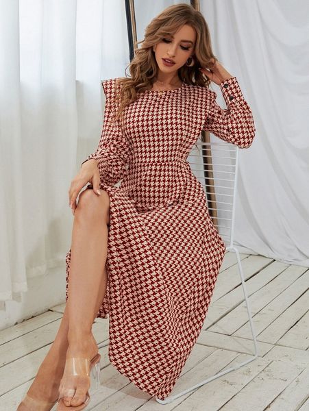 

houndstooth lantern sleeve dress without belt q1hw#, Black;gray