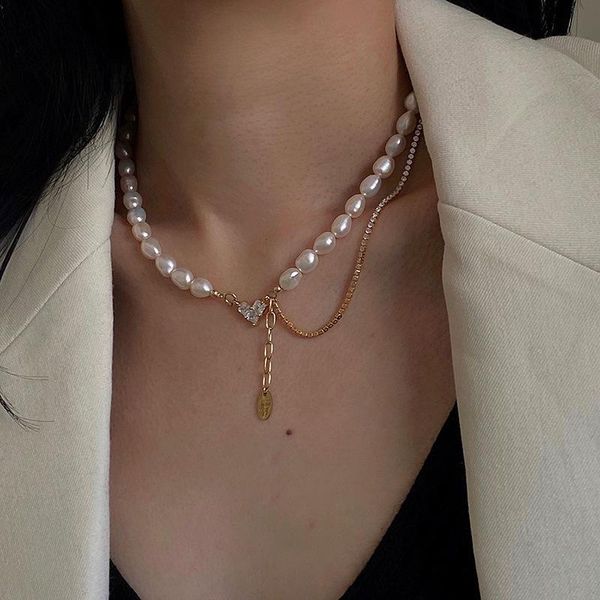 

origin summer fairy pearl rhinestone love heart chokers necklace for women exquisite asymmetric chain pendant jewelry necklaces, Silver