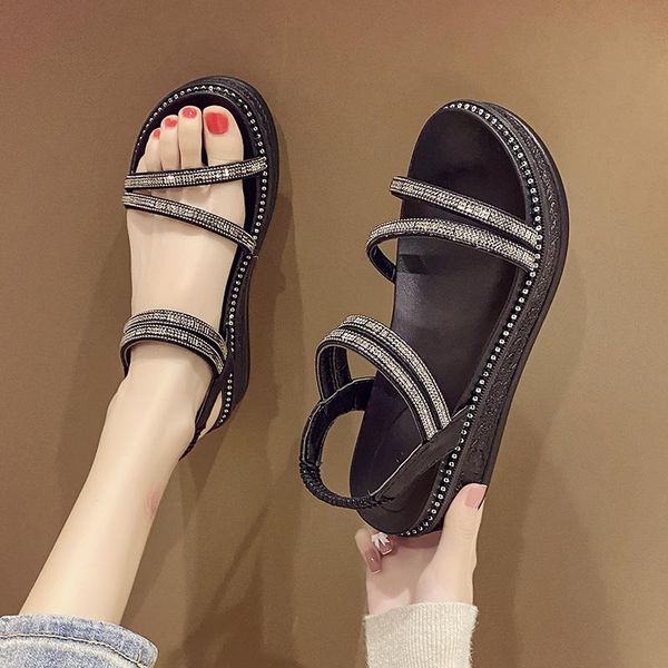 

clogs wedge roman sandals female shoe 2021 women's anti-skid strappy heels platform gladiator girls elastic band thick beac dress shoes, Black