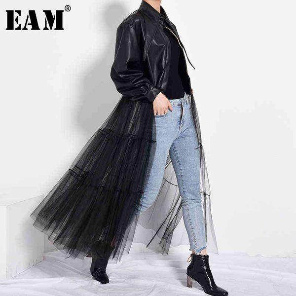 

[eam] loose fit black mesh big size long pu leather jacket lapel long sleeve women coat fashion spring autumn 2022 pb27901 220118, Black;brown