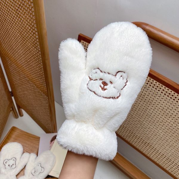

qzj homemade korean cartoon coffee bear autumn and winter plush thickened warm full mittens finger warm glovescoffee gloves for students, Blue;gray