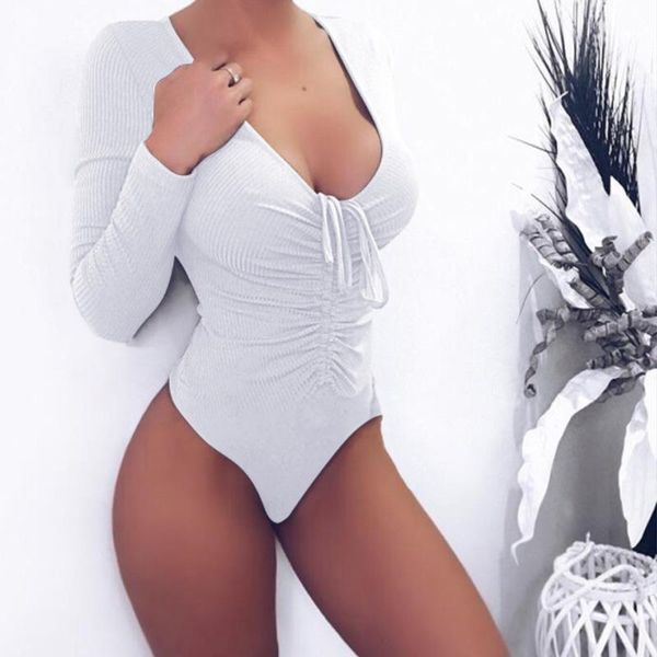 

women's jumpsuits & rompers white black pink long sleeve bandage bodysuit women body 2021 deep v neck nightclub party bodycon, Black;white