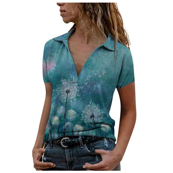 

women's t-shirt women fashion tshirt flowers print turn down summer v-neck short sleeve pullover tees girls base vrouw t-shirts, White