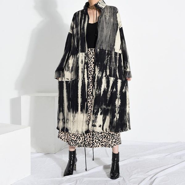 

women's trench coats [eam] women black printed big size long stand collar sleeve loose windbreaker fashion spring autumn 1u80301 ww8u, Tan;black