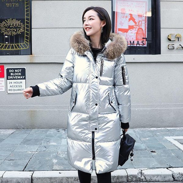 

women's down & parkas fashion glossy long real fur collar winter silver jacket women zipper hooded chic coat female outwear1, Black