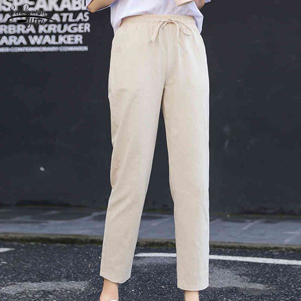 

spring summer thin cotton linen trousers pencil pants women casual elastic high waist female pantalon femme 10067 210508, Black;white