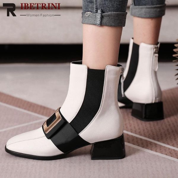 

boots ribetrini brand big size 43 genuine leather buckle chunky heels office lady ankle stylish winter shoes women, Black